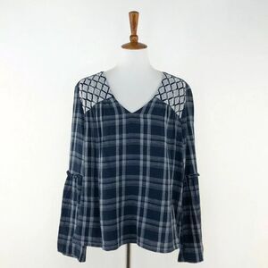 CASLON Women's Blue Navy Plaid Top Shirt Bell Sleeve Tunic Style Size M Medium